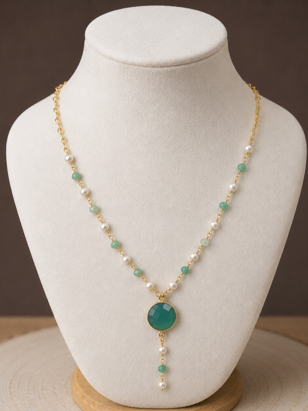 Chrysoprase Pearl Necklace Green Onyx Pendant 24K Gold Plated Fall Jewelry
